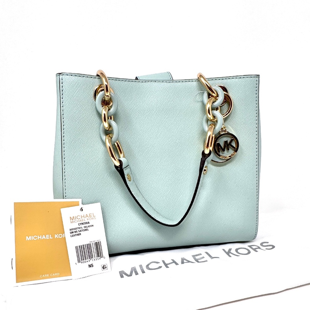 MICHAEL Michael Kors Light Blue Saffiano Leather Satchel with Gold Hardware